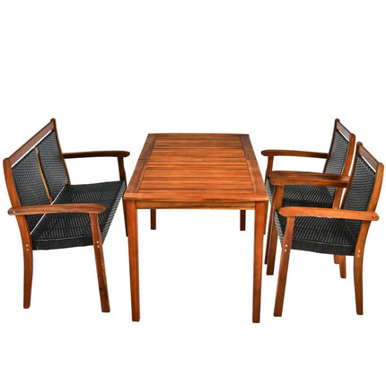 4 Pieces Acacia Wood Patio Rattan Dining Furniture Set - Brown - Patio Dining Sets