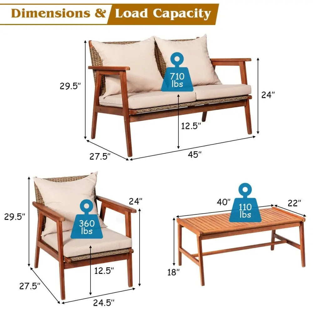 4 Pieces Acacia Wood Patio Rattan Furniture Set-Brown - Brown - Patio Furniture Sets