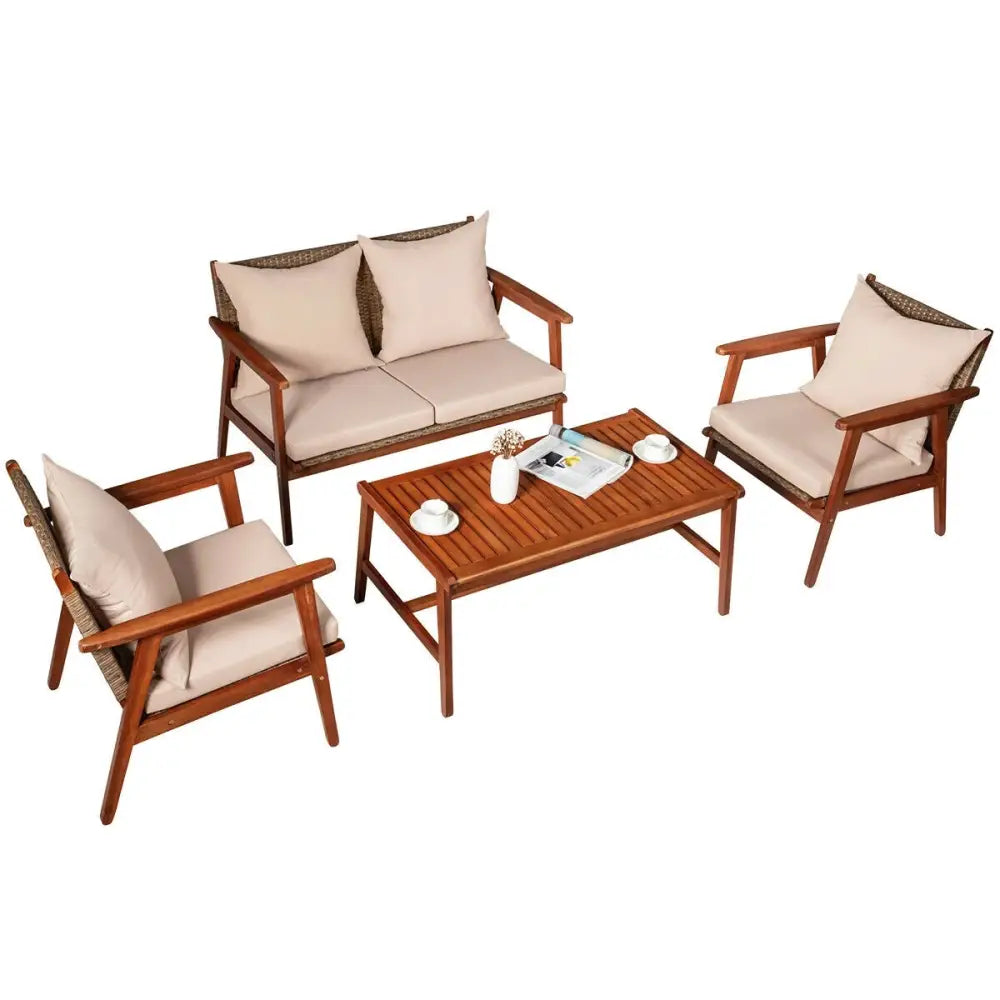 4 Pieces Acacia Wood Patio Rattan Furniture Set-Brown - Brown - Patio Furniture Sets