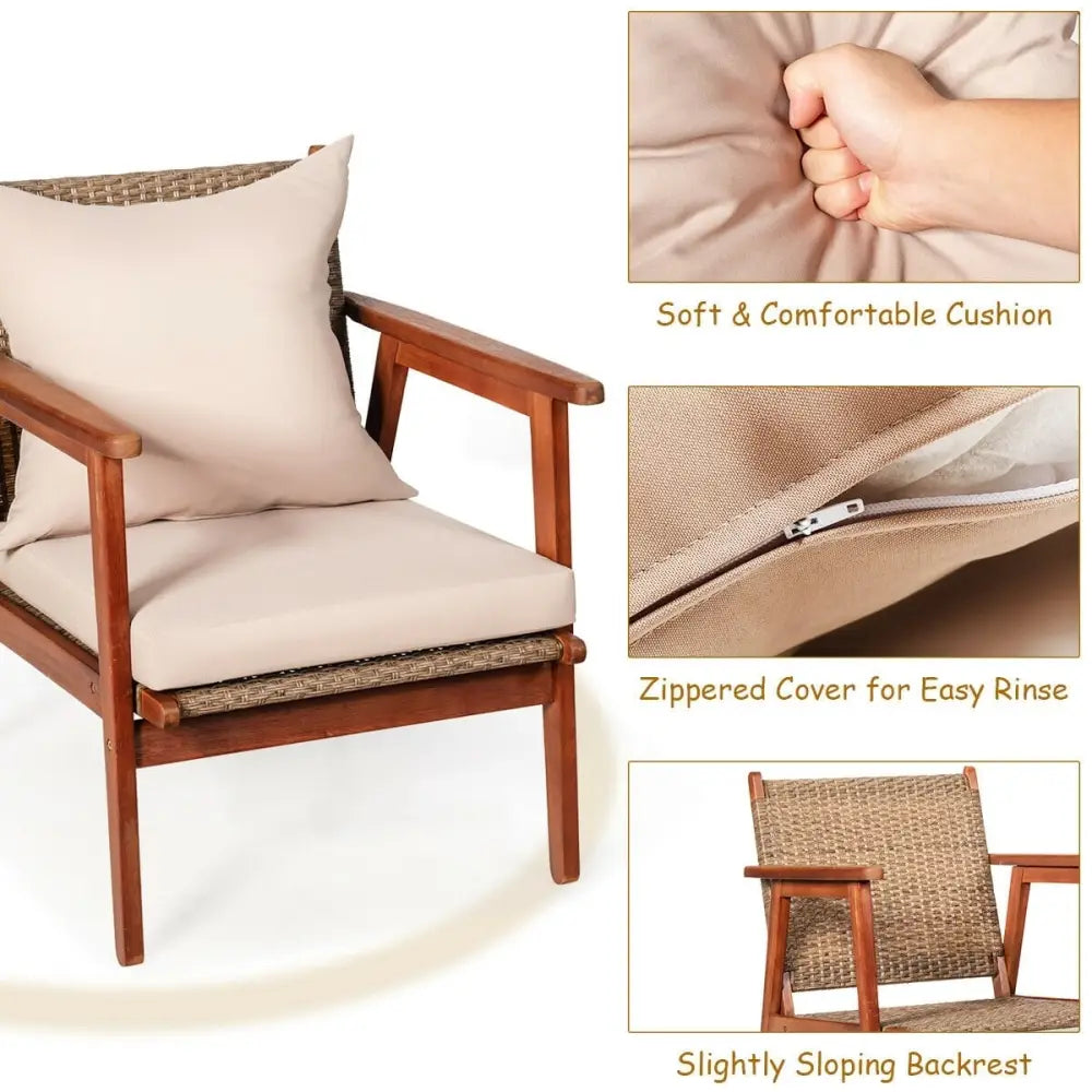 4 Pieces Acacia Wood Patio Rattan Furniture Set-Brown - Brown - Patio Furniture Sets