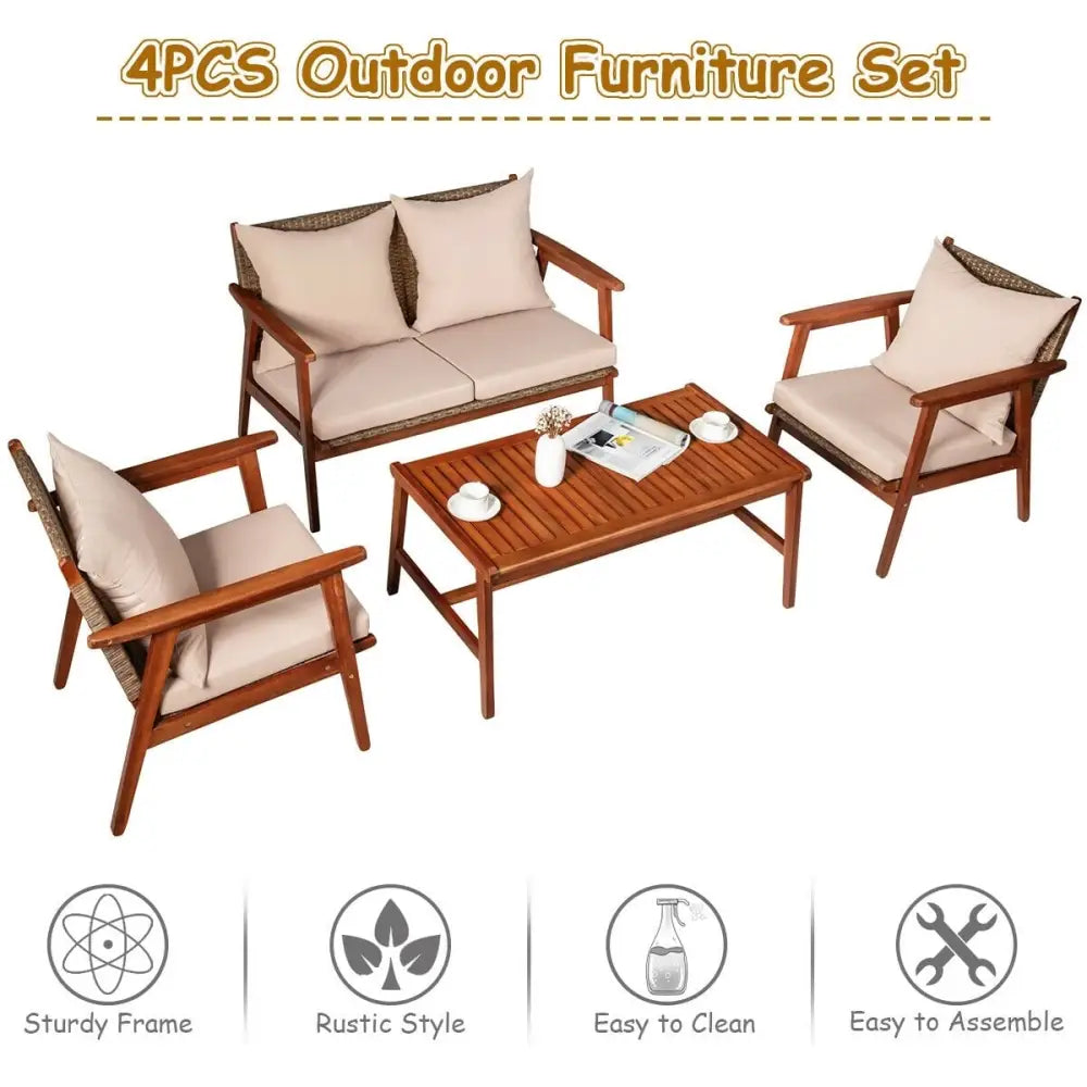 4 Pieces Acacia Wood Patio Rattan Furniture Set-Brown - Brown - Patio Furniture Sets
