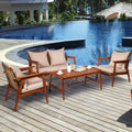 4 Pieces Acacia Wood Patio Rattan Furniture Set-Brown - Brown - Patio Furniture Sets