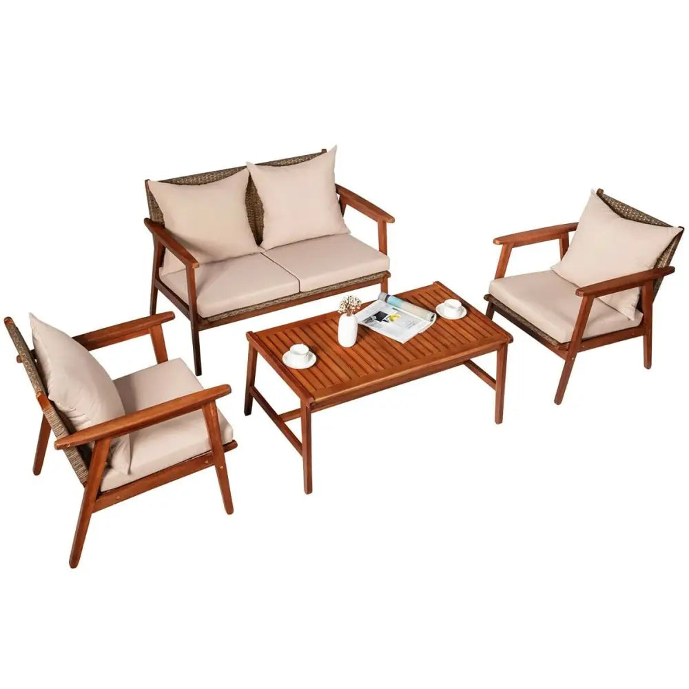 4 Pieces Acacia Wood Patio Rattan Furniture Set-Brown - Brown - Patio Furniture Sets