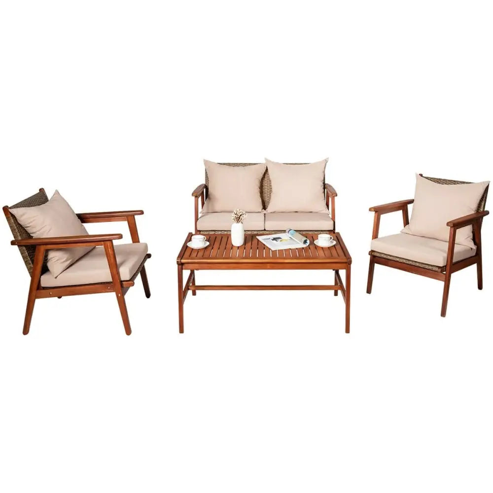 4 Pieces Acacia Wood Patio Rattan Furniture Set-Brown - Brown - Patio Furniture Sets