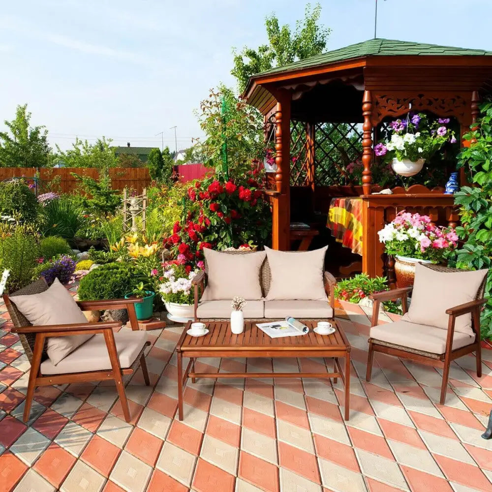 4 Pieces Acacia Wood Patio Rattan Furniture Set-Brown - Brown - Patio Furniture Sets