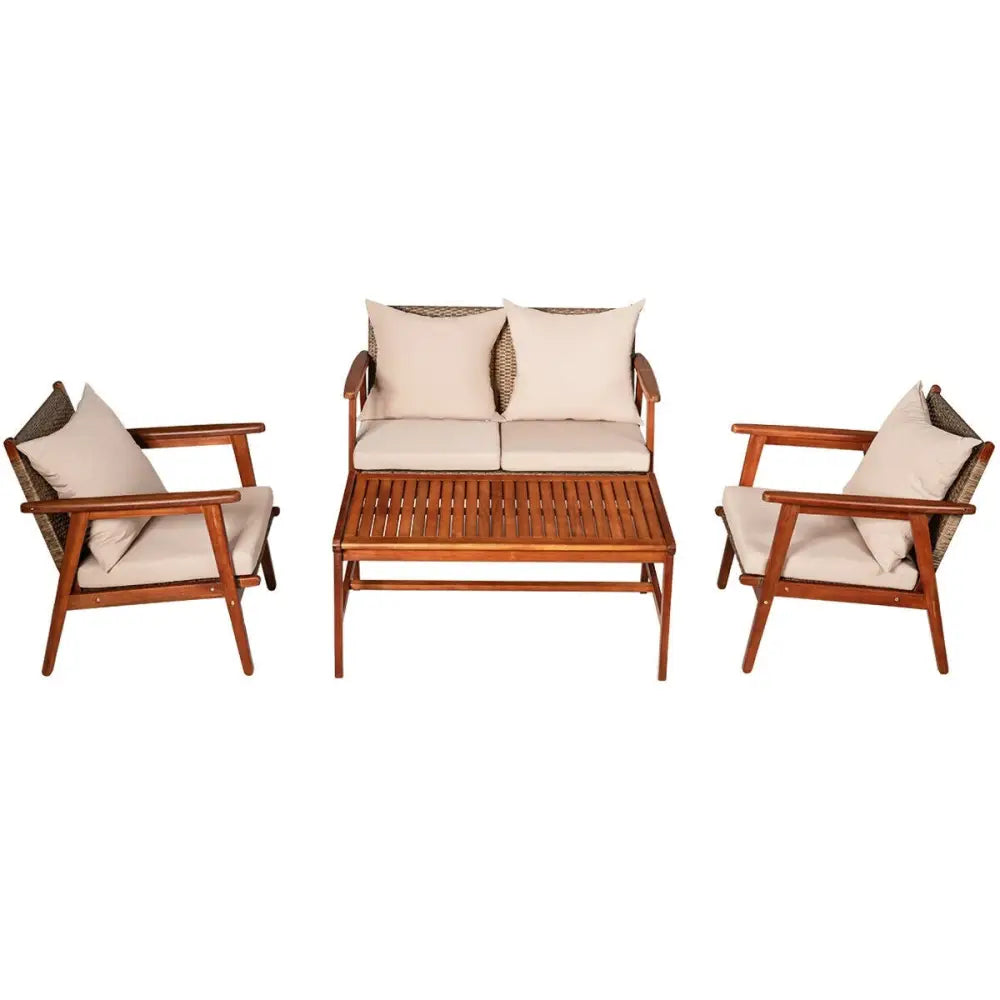 4 Pieces Acacia Wood Patio Rattan Furniture Set-Brown - Brown - Patio Furniture Sets