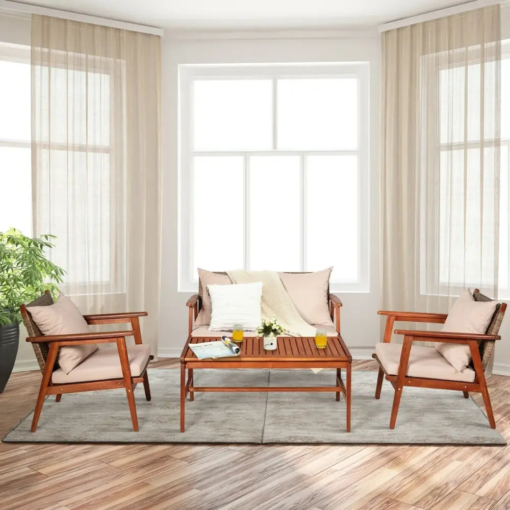 4 Pieces Acacia Wood Patio Rattan Furniture Set-Brown - Brown - Patio Furniture Sets