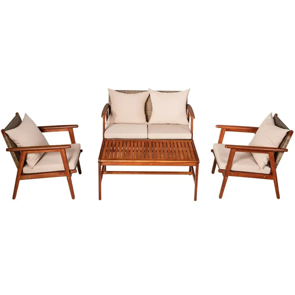 4 Pieces Acacia Wood Patio Rattan Furniture Set-Brown - Brown - Patio Furniture Sets