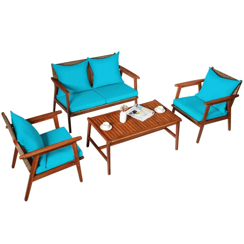 4 Pieces Acacia Wood Patio Rattan Furniture Set-Turquoise - Turquoise - Patio Furniture Sets