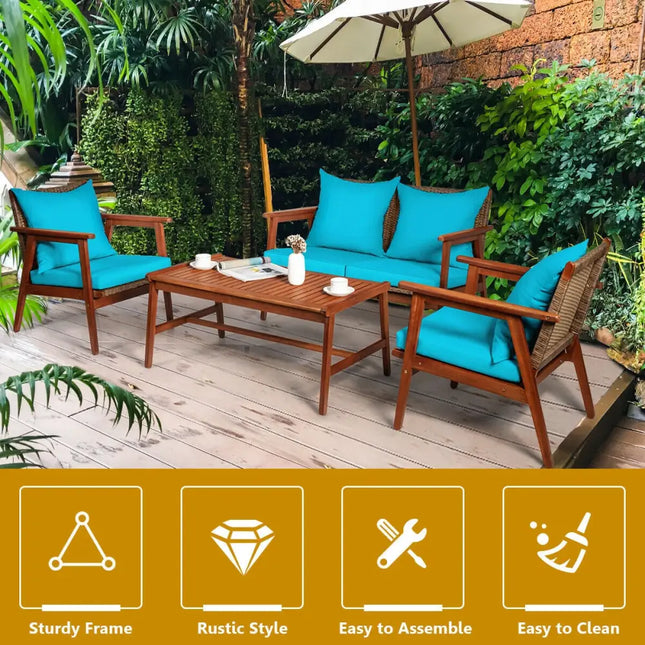 4 Pieces Acacia Wood Patio Rattan Furniture Set-Turquoise - Turquoise - Patio Furniture Sets