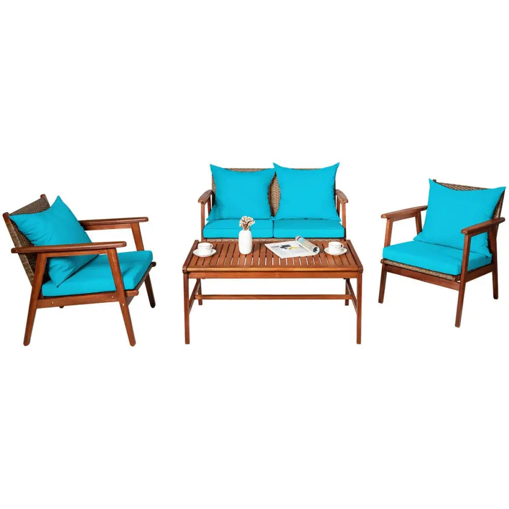 4 Pieces Acacia Wood Patio Rattan Furniture Set-Turquoise - Turquoise - Patio Furniture Sets