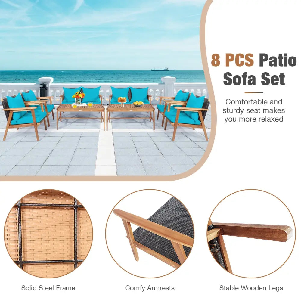 4 Pieces Acacia Wood Patio Rattan Furniture Set-Turquoise - Turquoise - Patio Furniture Sets