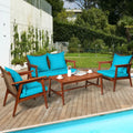 4 Pieces Acacia Wood Patio Rattan Furniture Set-Turquoise - Turquoise - Patio Furniture Sets