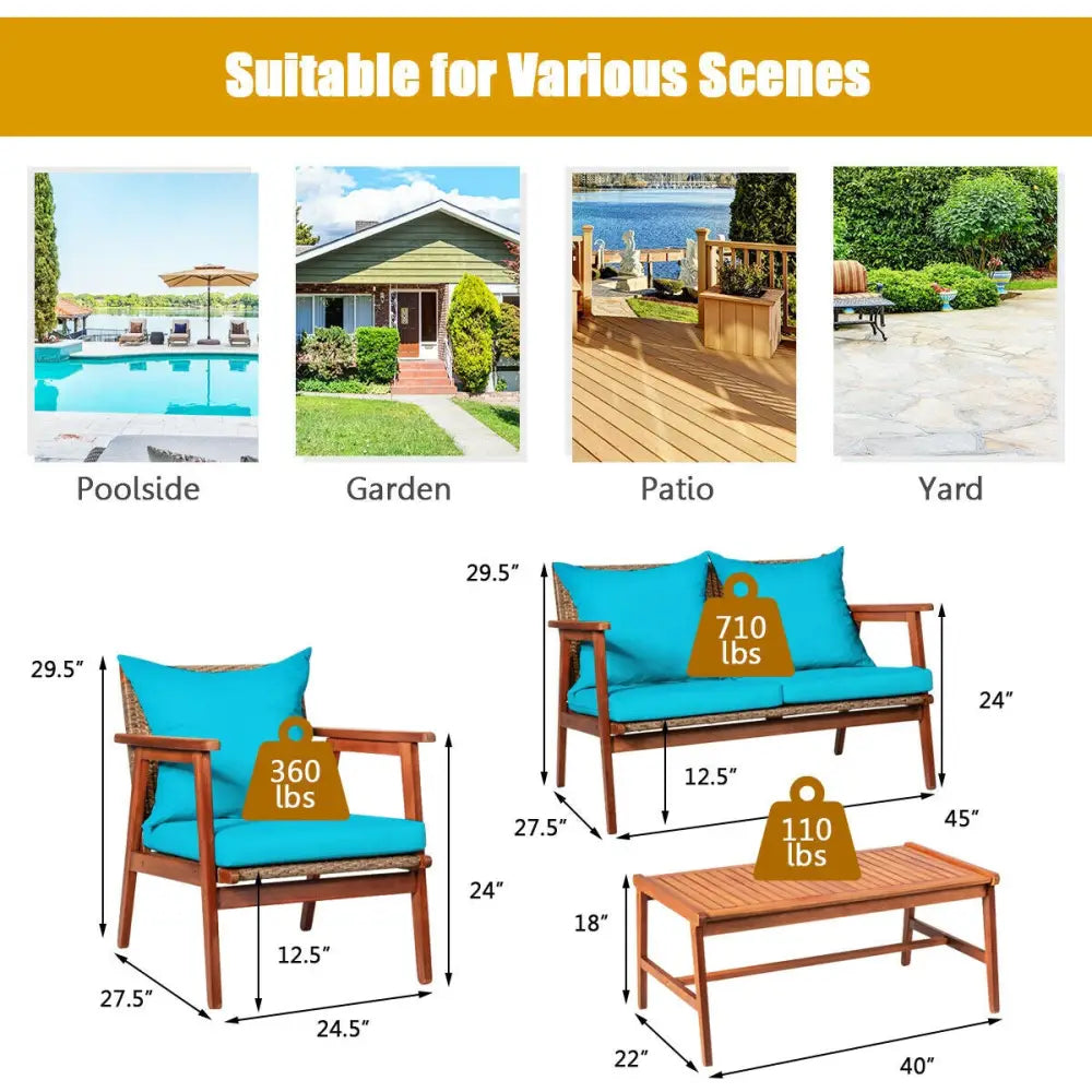 4 Pieces Acacia Wood Patio Rattan Furniture Set-Turquoise - Turquoise - Patio Furniture Sets