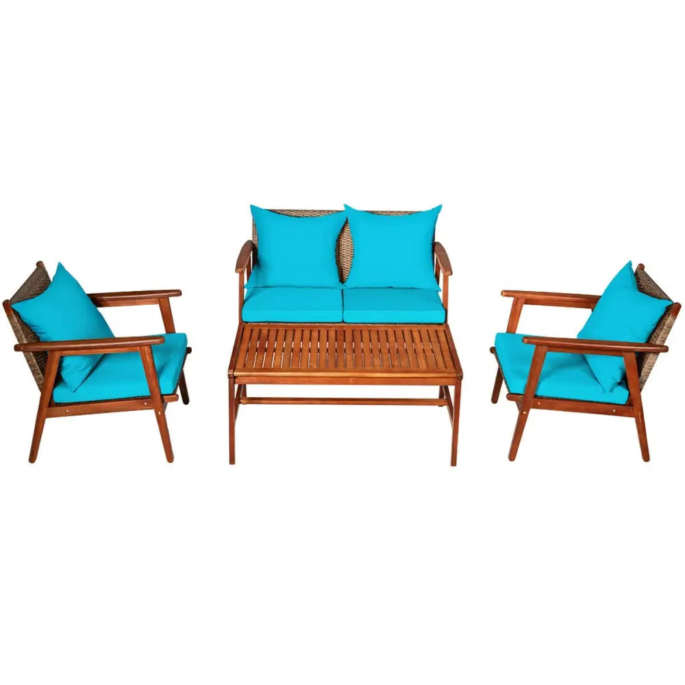 4 Pieces Acacia Wood Patio Rattan Furniture Set-Turquoise - Turquoise - Patio Furniture Sets