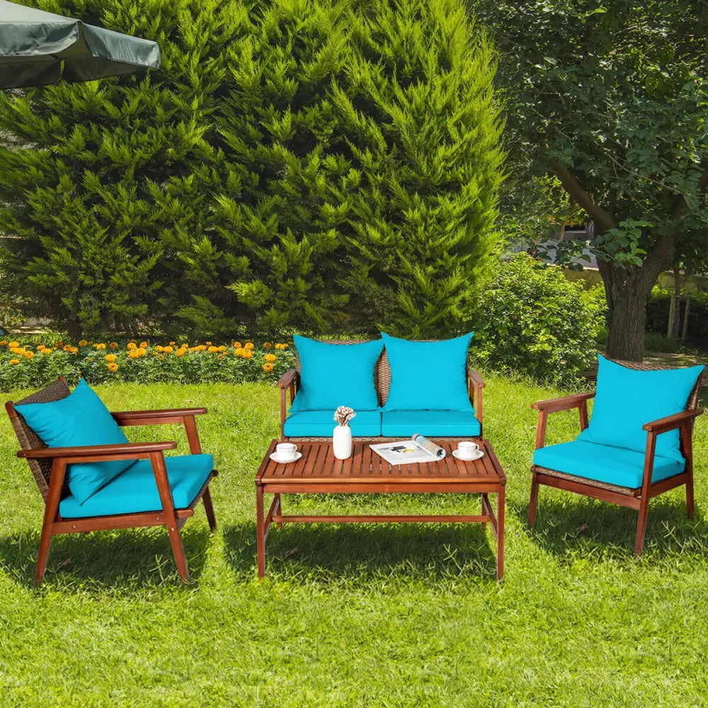 4 Pieces Acacia Wood Patio Rattan Furniture Set-Turquoise - Turquoise - Patio Furniture Sets
