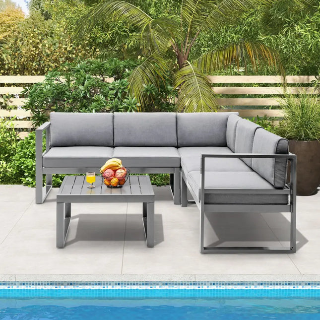 4 Pieces Aluminum Patio Furniture Set with Thick Seat and Back Cushions-Gray - Gray - Outdoor Sectionals