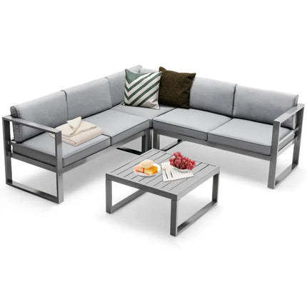 4 Pieces Aluminum Patio Furniture Set with Thick Seat and Back Cushions-Gray - Gray - Outdoor Sectionals
