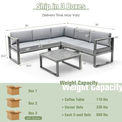 4 Pieces Aluminum Patio Furniture Set with Thick Seat and Back Cushions-Gray - Gray - Outdoor Sectionals