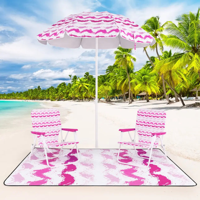 4 Pieces Beach Umbrella Set with 2 Foldable Chairs and Picnic Blanket-Pink - Pink - Outdoor Umbrellas