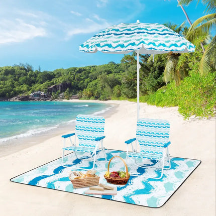 4 Pieces Beach Umbrella Set with 2 Foldable Chairs and Picnic Blanket-Blue - Blue - Outdoor Umbrellas