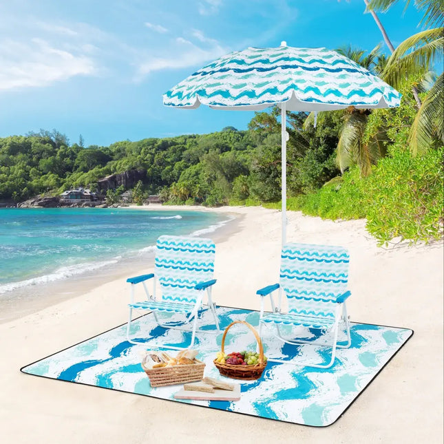 4 Pieces Beach Umbrella Set with 2 Foldable Chairs and Picnic Blanket-Blue - Blue - Outdoor Umbrellas