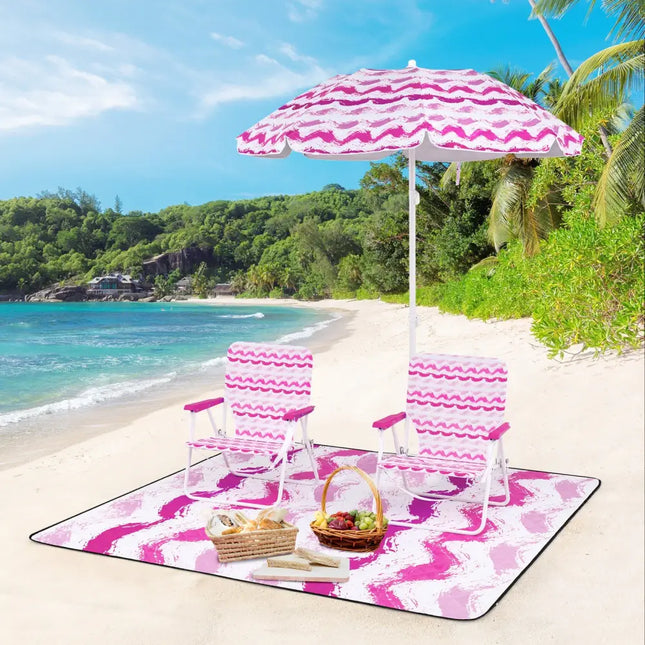 4 Pieces Beach Umbrella Set with 2 Foldable Chairs and Picnic Blanket-Pink - Pink - Outdoor Umbrellas