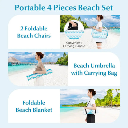 4 Pieces Beach Umbrella Set with 2 Foldable Chairs and Picnic Blanket-Blue - Blue - Outdoor Umbrellas