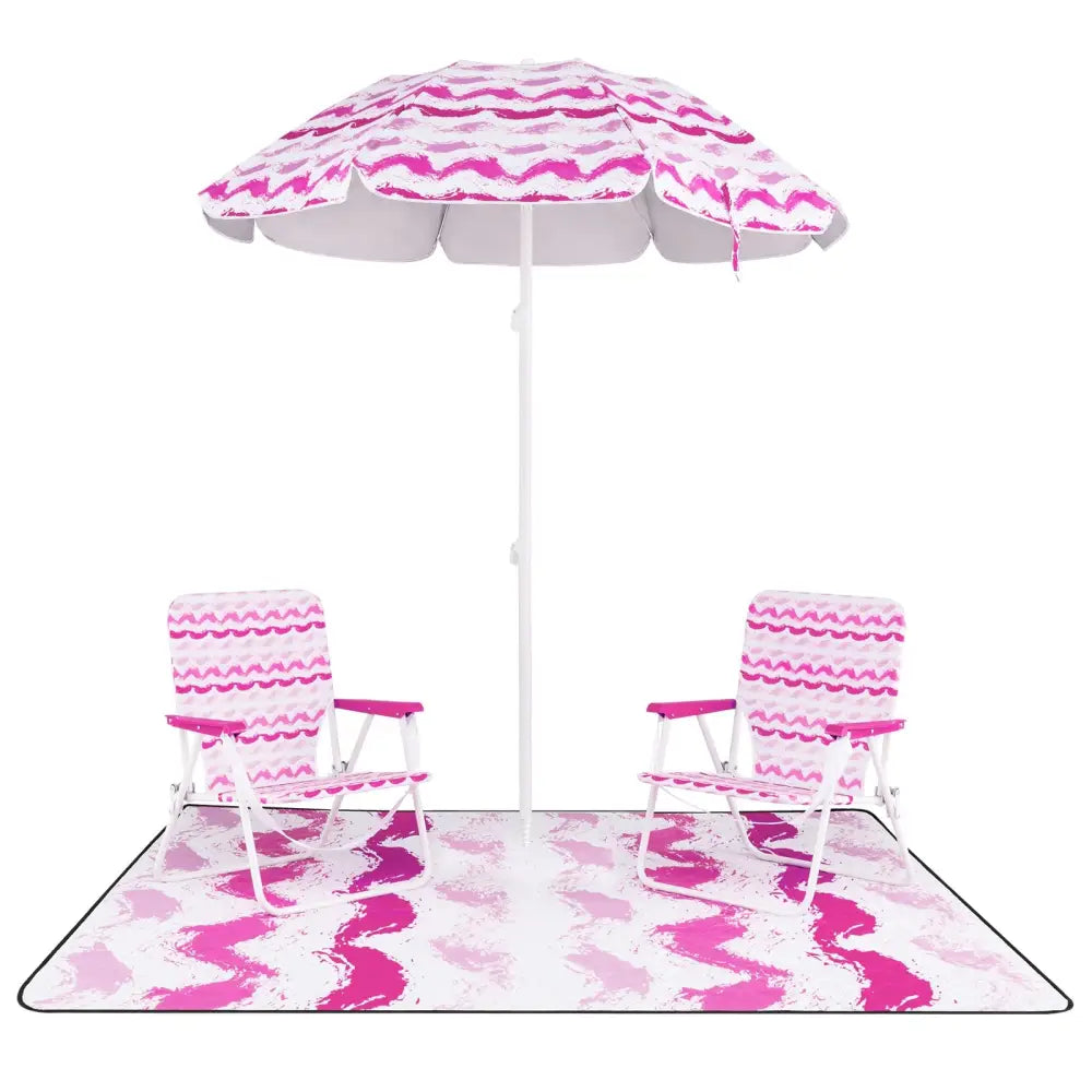 4 Pieces Beach Umbrella Set with 2 Foldable Chairs and Picnic Blanket-Pink - Pink - Outdoor Umbrellas
