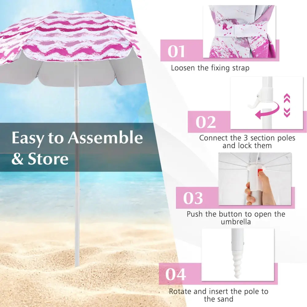 4 Pieces Beach Umbrella Set with 2 Foldable Chairs and Picnic Blanket-Pink - Pink - Outdoor Umbrellas