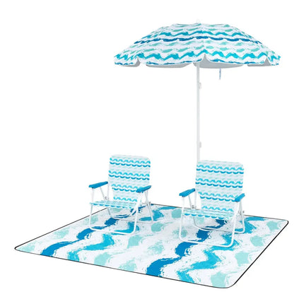 4 Pieces Beach Umbrella Set with 2 Foldable Chairs and Picnic Blanket-Blue - Blue - Outdoor Umbrellas
