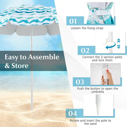 4 Pieces Beach Umbrella Set with 2 Foldable Chairs and Picnic Blanket-Blue - Blue - Outdoor Umbrellas