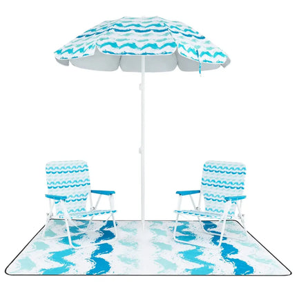 4 Pieces Beach Umbrella Set with 2 Foldable Chairs and Picnic Blanket-Blue - Blue - Outdoor Umbrellas