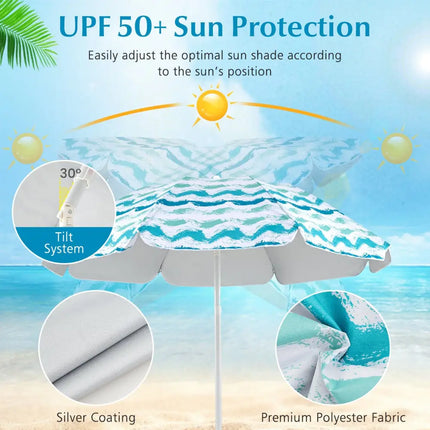 4 Pieces Beach Umbrella Set with 2 Foldable Chairs and Picnic Blanket-Blue - Blue - Outdoor Umbrellas