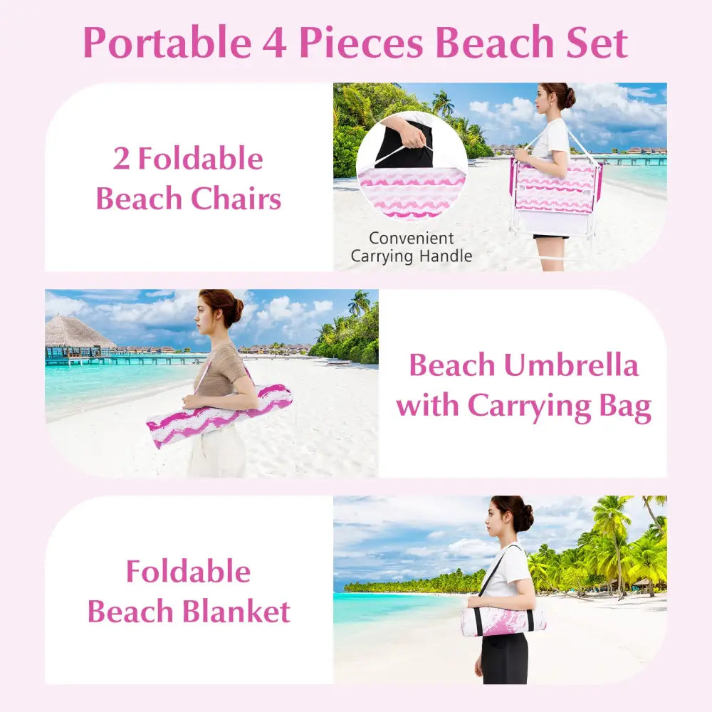 4 Pieces Beach Umbrella Set with 2 Foldable Chairs and Picnic Blanket-Pink - Pink - Outdoor Umbrellas