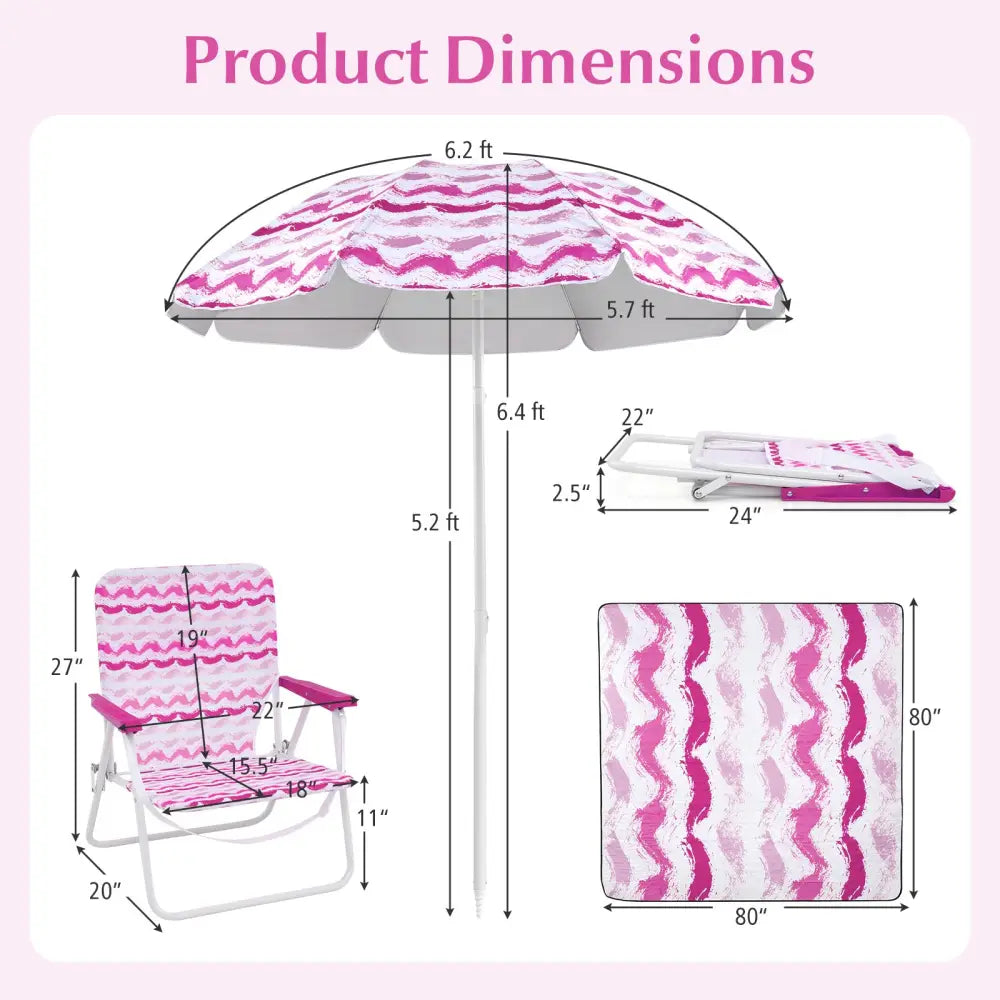 4 Pieces Beach Umbrella Set with 2 Foldable Chairs and Picnic Blanket-Pink - Pink - Outdoor Umbrellas