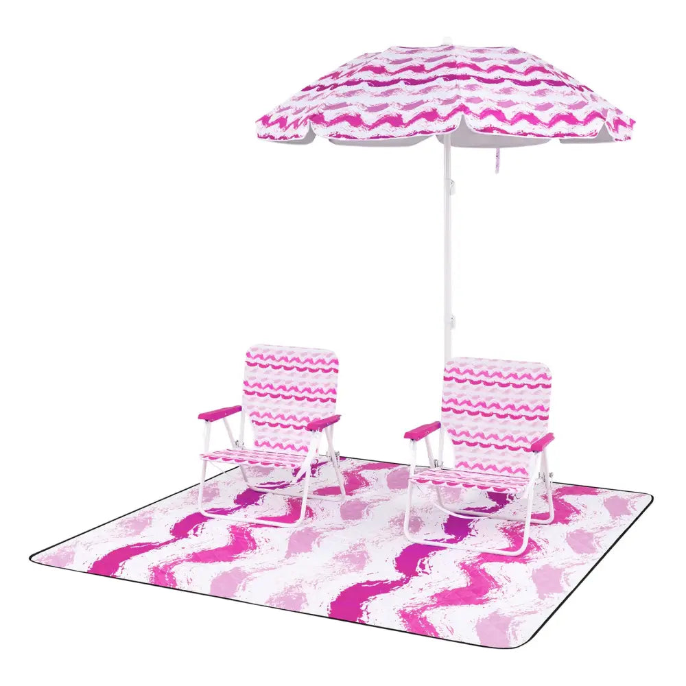 4 Pieces Beach Umbrella Set with 2 Foldable Chairs and Picnic Blanket-Pink - Pink - Outdoor Umbrellas