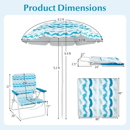 4 Pieces Beach Umbrella Set with 2 Foldable Chairs and Picnic Blanket-Blue - Blue - Outdoor Umbrellas