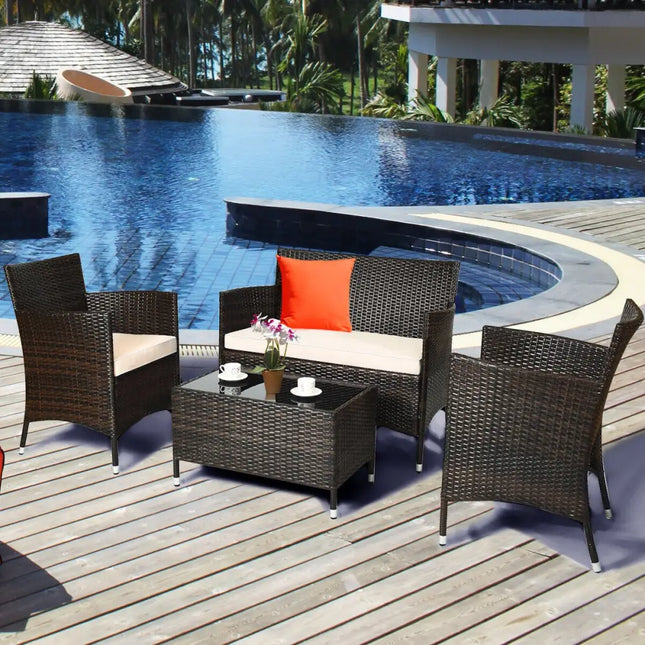 4 Pieces Comfortable Outdoor Rattan Sofa Set with Glass Coffee Table-Beige & Red - Beige & Red - Patio Furniture Sets