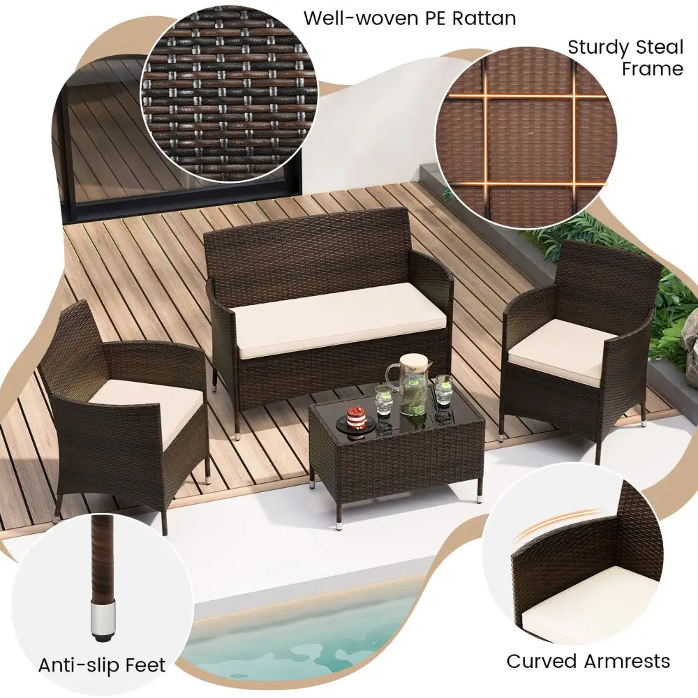 4 Pieces Comfortable Outdoor Rattan Sofa Set with Glass Coffee Table-Light Brown - Light Brown - Patio Furniture Sets