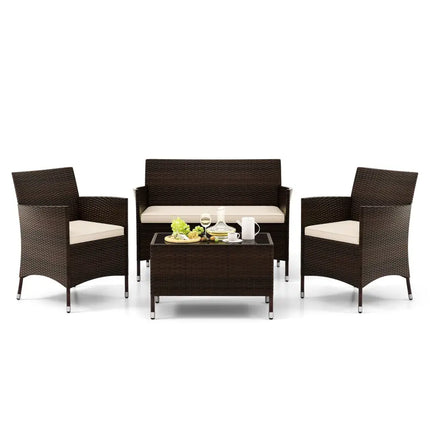 4 Pieces Comfortable Outdoor Rattan Sofa Set with Glass Coffee Table-Light Brown - Light Brown - Patio Furniture Sets