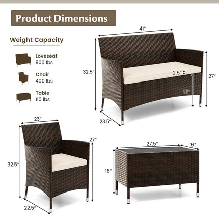 4 Pieces Comfortable Outdoor Rattan Sofa Set with Glass Coffee Table-Light Brown - Light Brown - Patio Furniture Sets