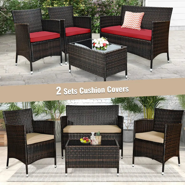 4 Pieces Comfortable Outdoor Rattan Sofa Set with Glass Coffee Table-Beige & Red - Beige & Red - Patio Furniture Sets