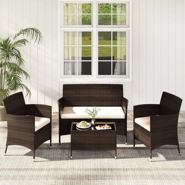 4 Pieces Comfortable Outdoor Rattan Sofa Set with Glass Coffee Table-Light Brown - Light Brown - Patio Furniture Sets