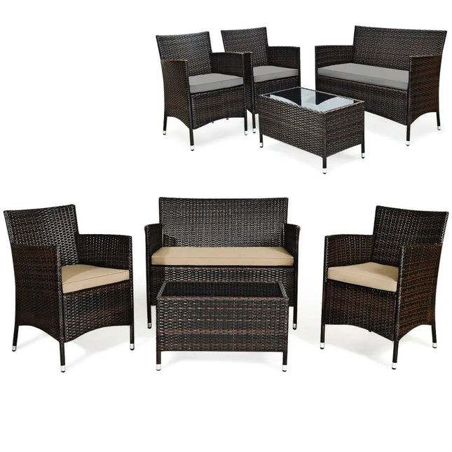 4 Pieces Comfortable Outdoor Rattan Sofa Set with Glass Coffee Table-Beige and Gray - Beige & Gray - Patio Furniture