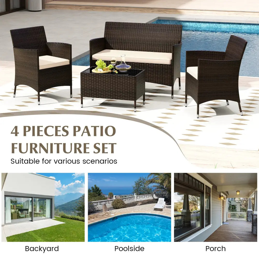4 Pieces Comfortable Outdoor Rattan Sofa Set with Glass Coffee Table-Light Brown - Light Brown - Patio Furniture Sets