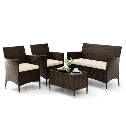 4 Pieces Comfortable Outdoor Rattan Sofa Set with Glass Coffee Table-Light Brown - Light Brown - Patio Furniture Sets