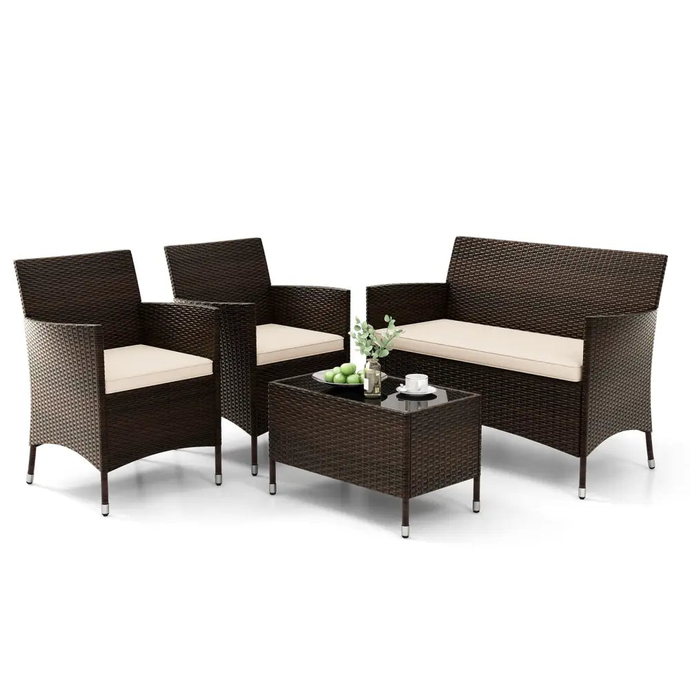 4 Pieces Comfortable Outdoor Rattan Sofa Set with Glass Coffee Table-Light Brown - Light Brown - Patio Furniture Sets