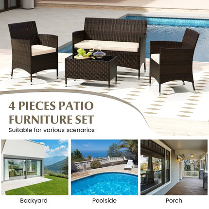 4 Pieces Comfortable Outdoor Rattan Sofa Set with Glass Coffee Table-Light Brown - Light Brown - Patio Furniture Sets