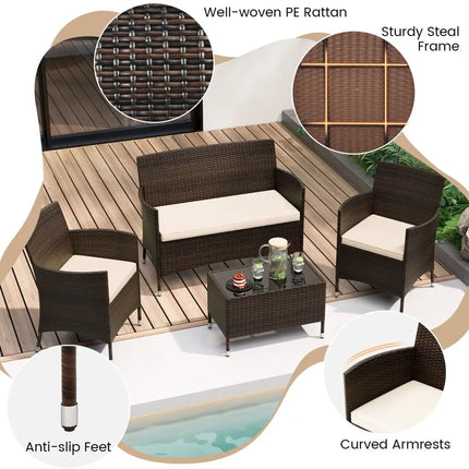 4 Pieces Comfortable Outdoor Rattan Sofa Set with Glass Coffee Table-Light Brown - Light Brown - Patio Furniture Sets